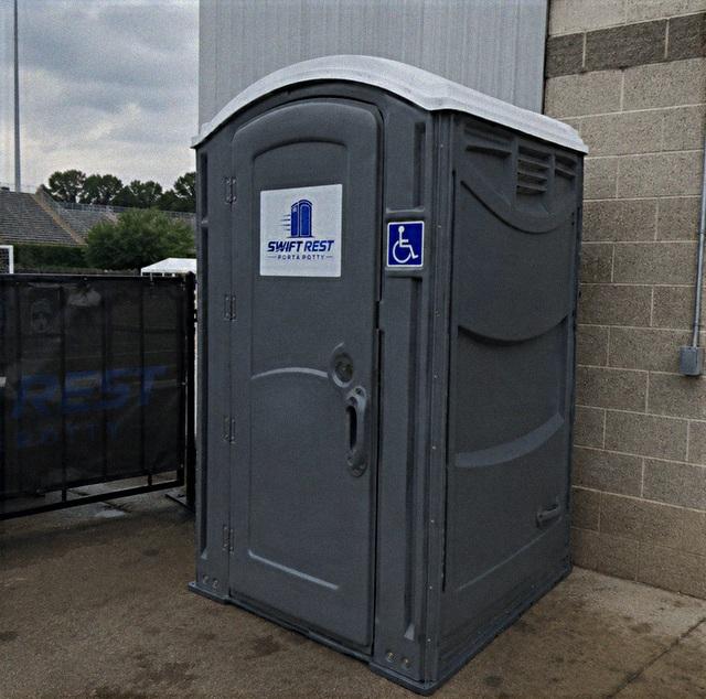 ADA accessible portable restroom with wide ground-level entry