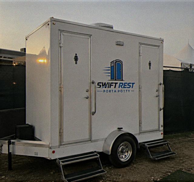 Luxury restroom trailer rental exterior with entry steps
