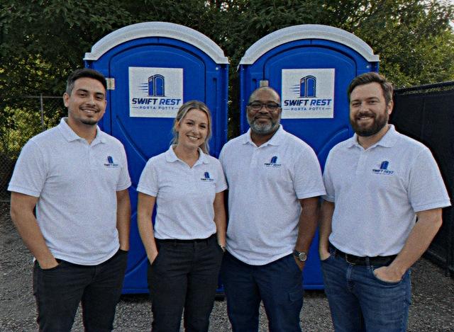 Swift Rest Porta Potty delivery and service team standing beside rental units